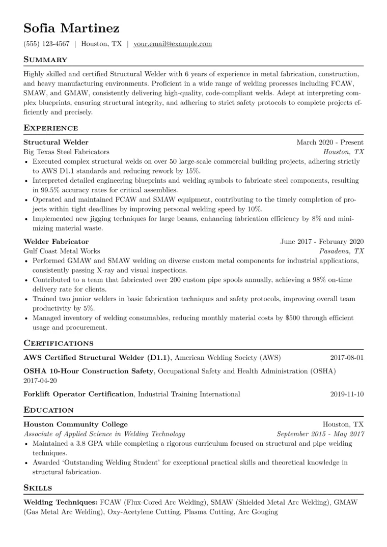 Structural Welder Resume Example CV template preview