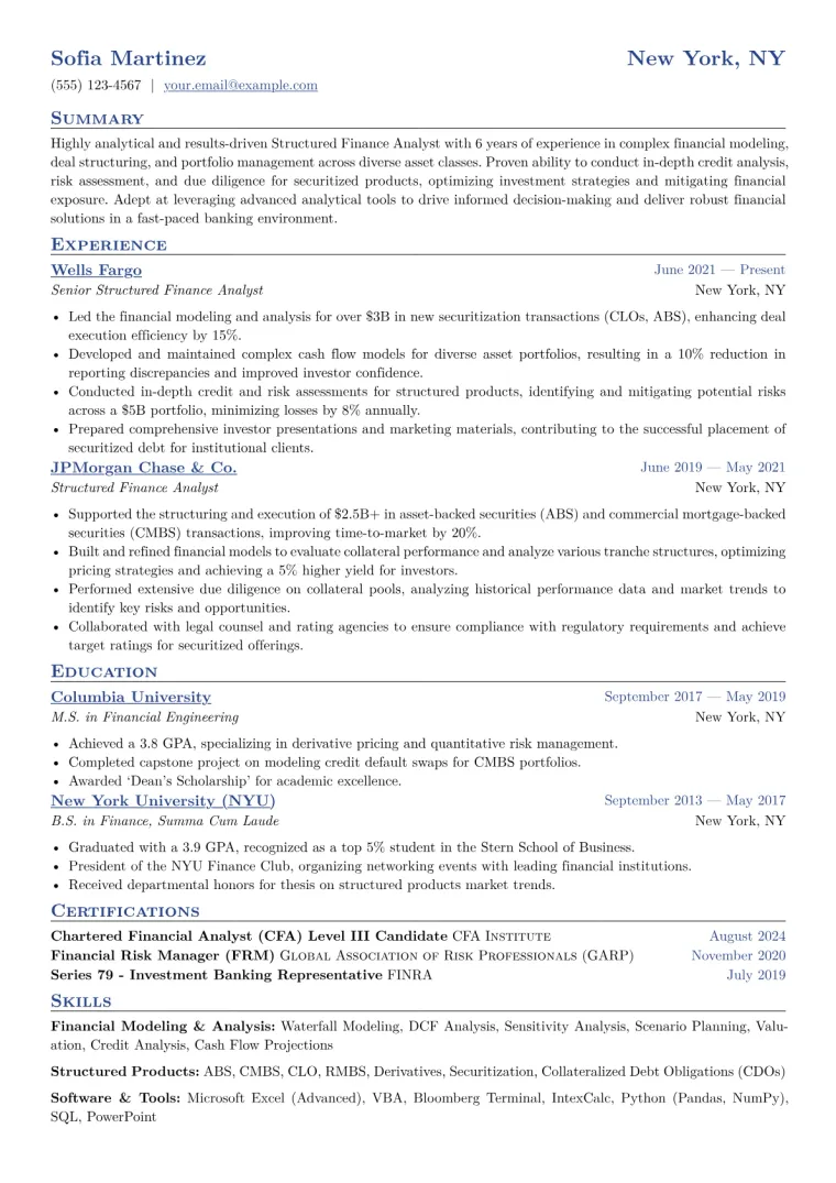 Structured Finance Analyst Resume Example CV template preview