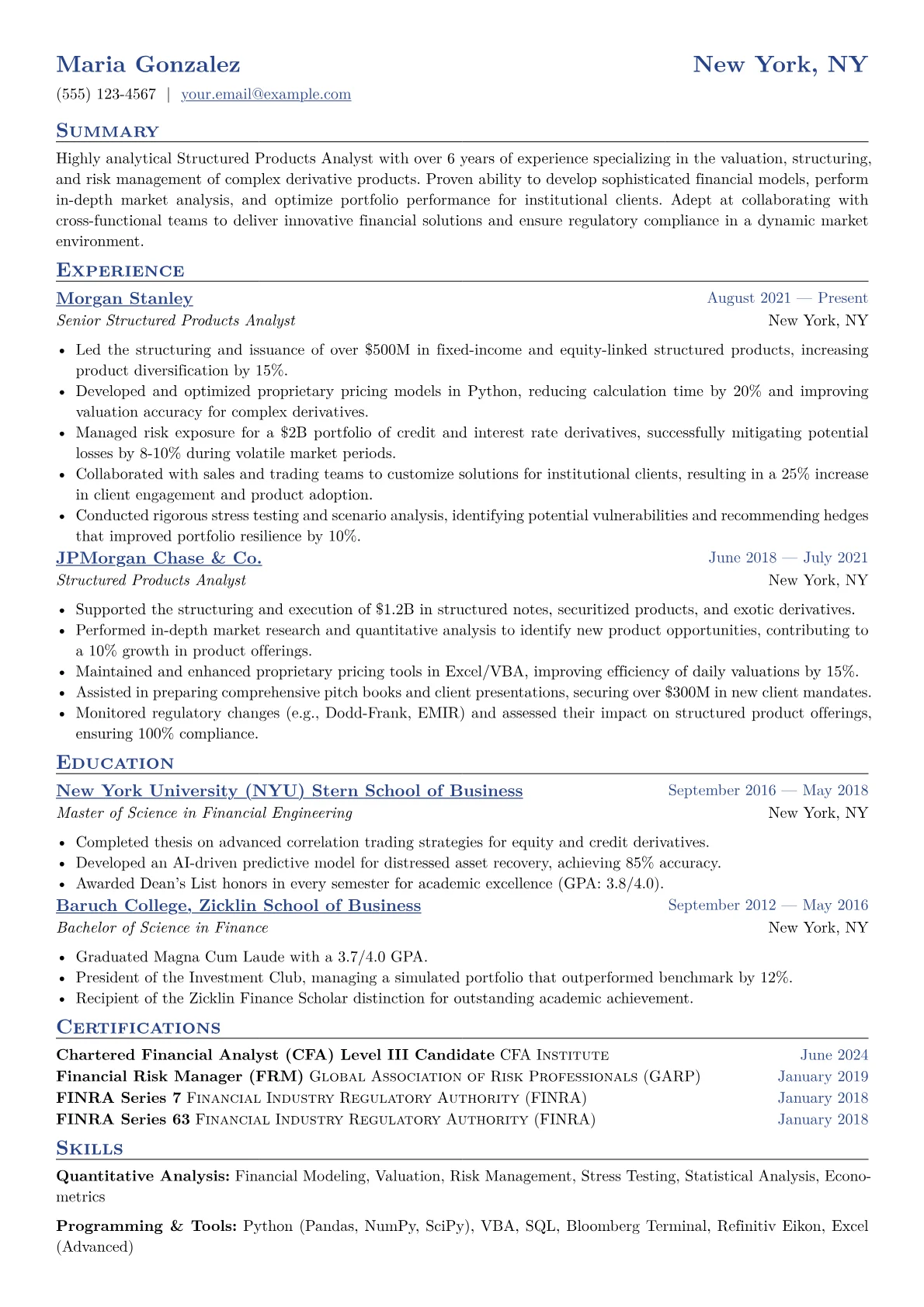 Structured Products Analyst Resume Example CV template - Page 1