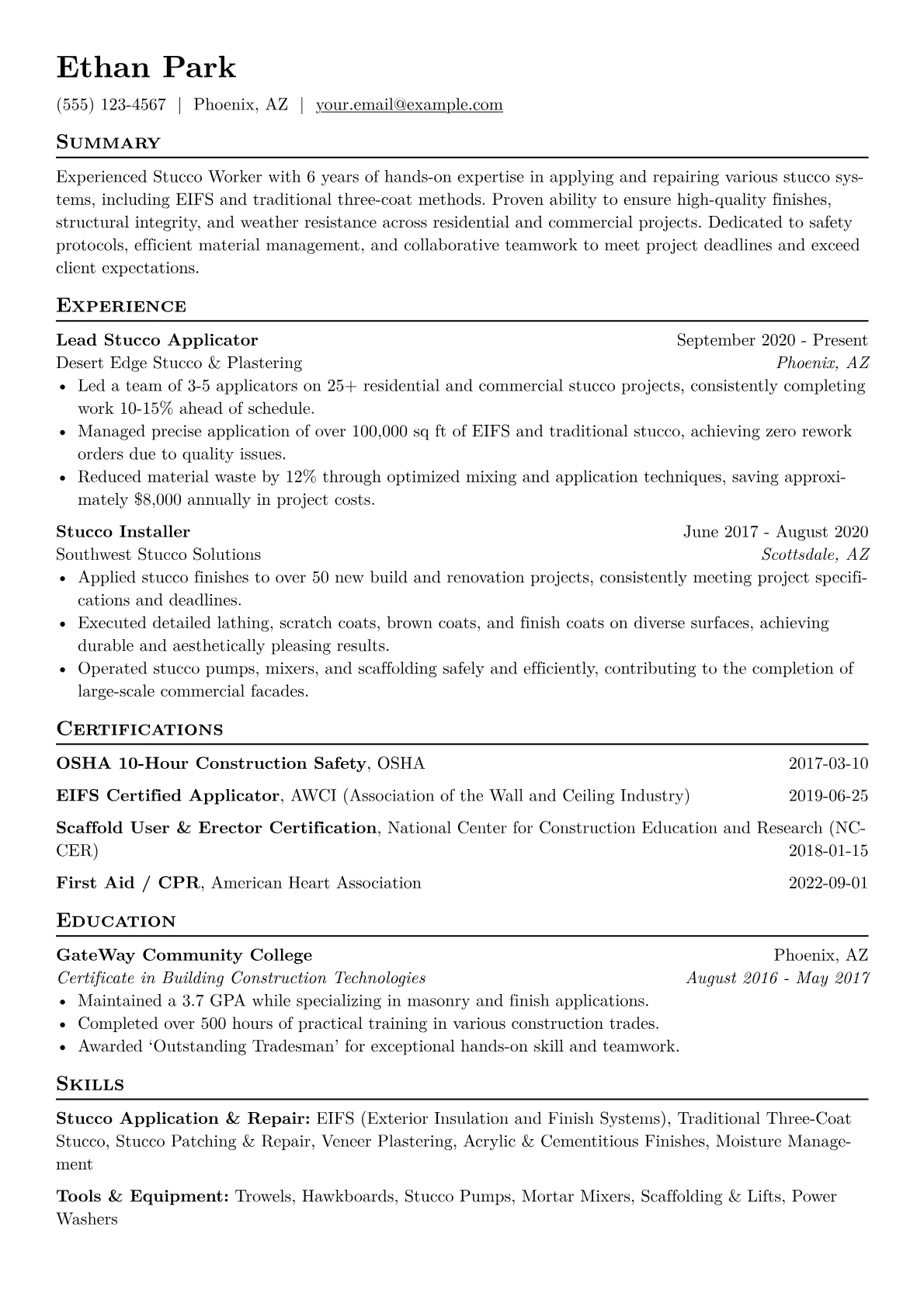 Stucco Worker Resume Example CV template - Page 1