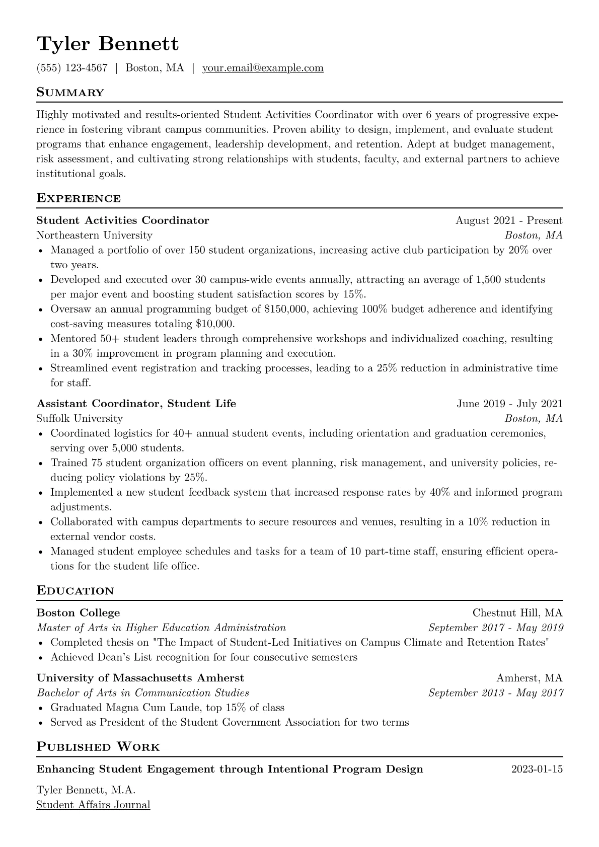 Student Activities Coordinator Resume Example CV template - Page 1