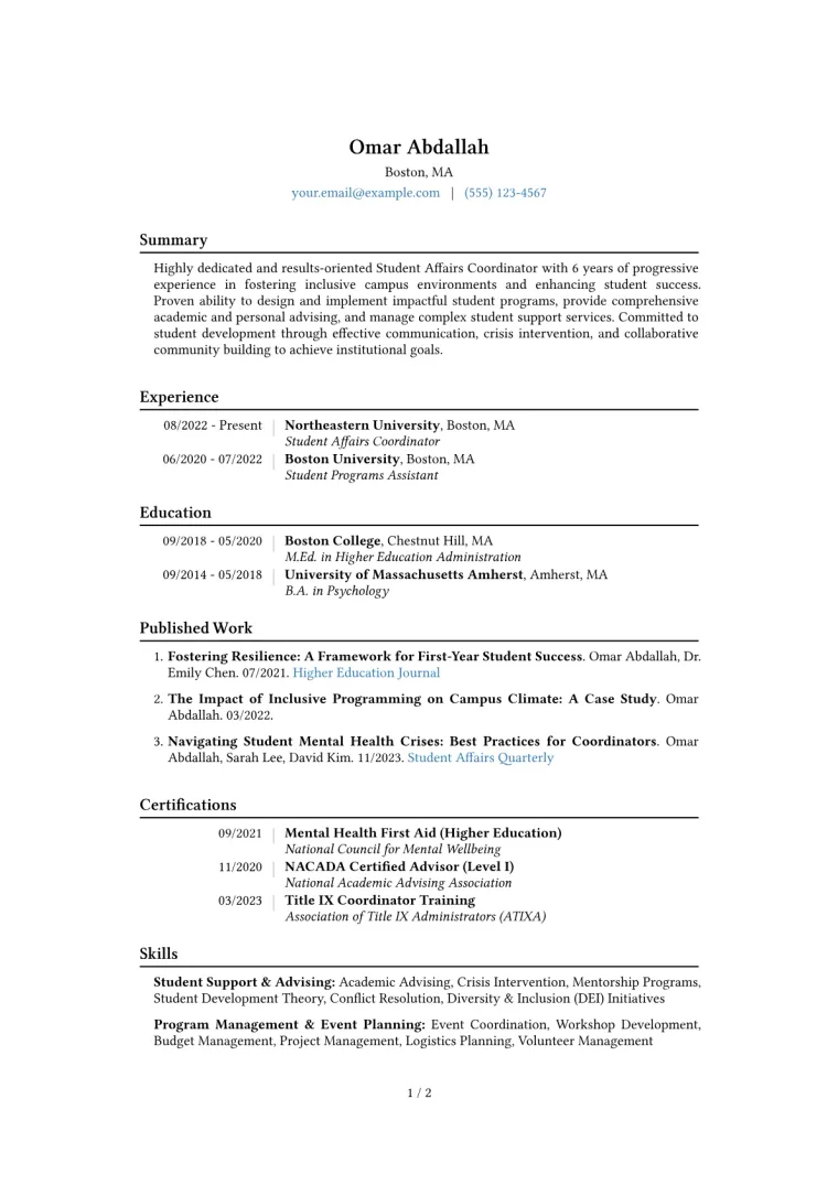 Student Affairs Coordinator Resume Example CV template preview