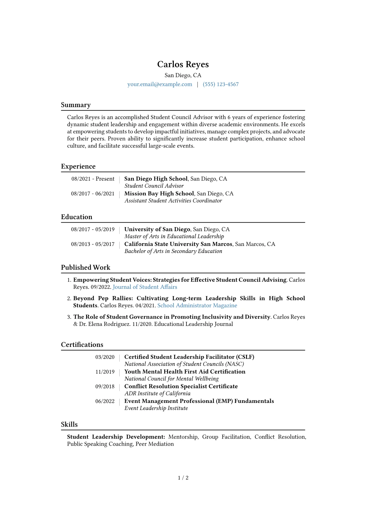 Student Council Advisor Resume Example CV template - Page 1