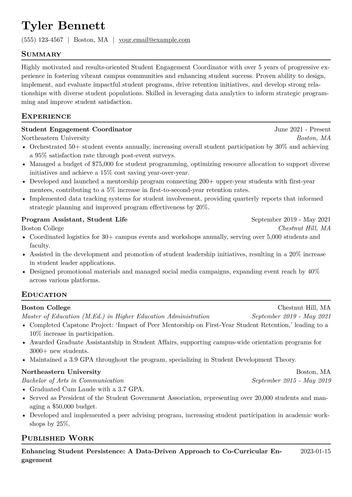 Student Engagement Coordinator Resume Example CV template - Page 1