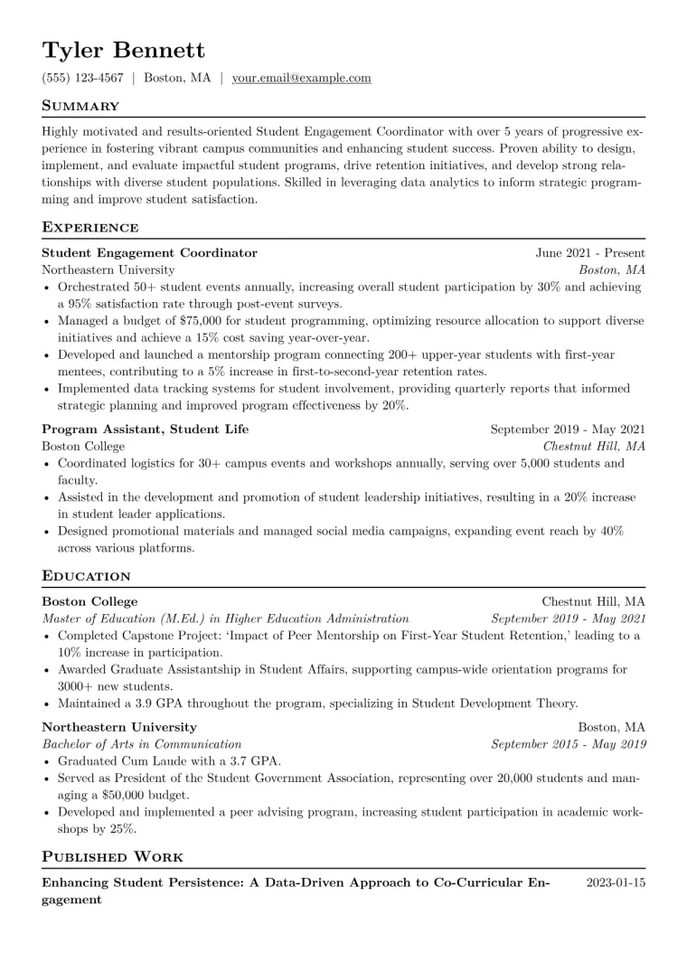 Student Engagement Coordinator Resume Example CV template preview