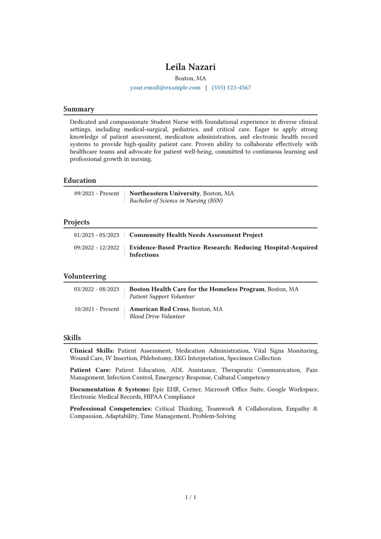 Student Nurse Resume Example CV template preview