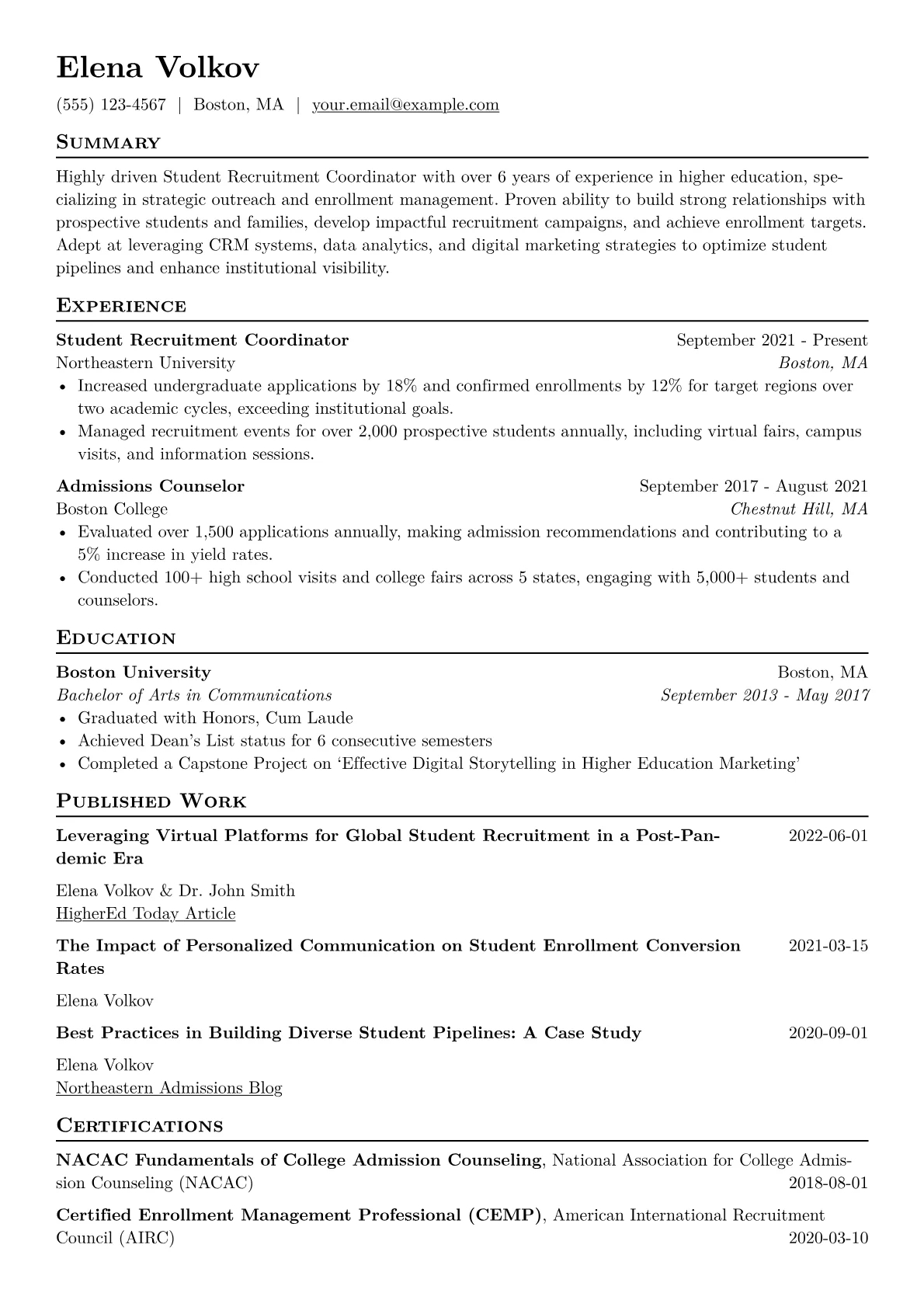 Student Recruitment Coordinator Resume Example CV template - Page 1