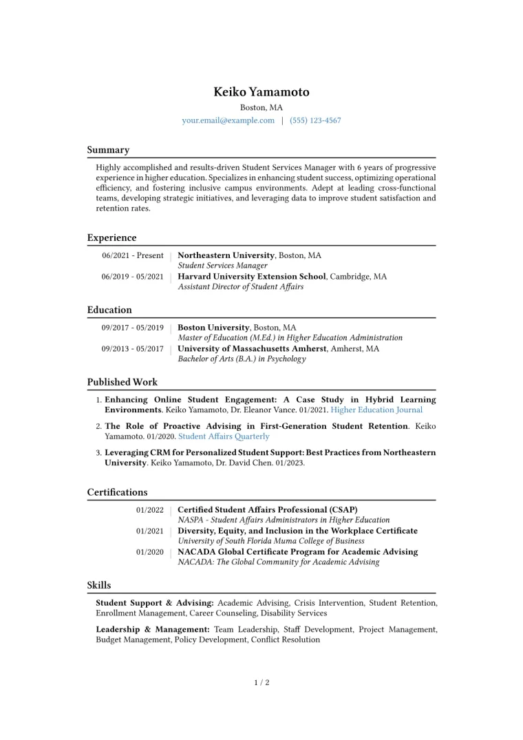 Student Services Manager Resume Example CV template preview