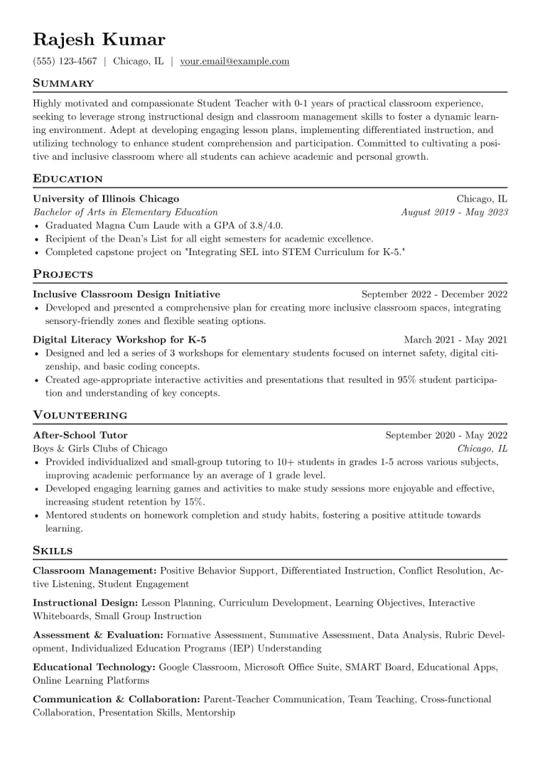 Student Teacher Resume Example CV template preview