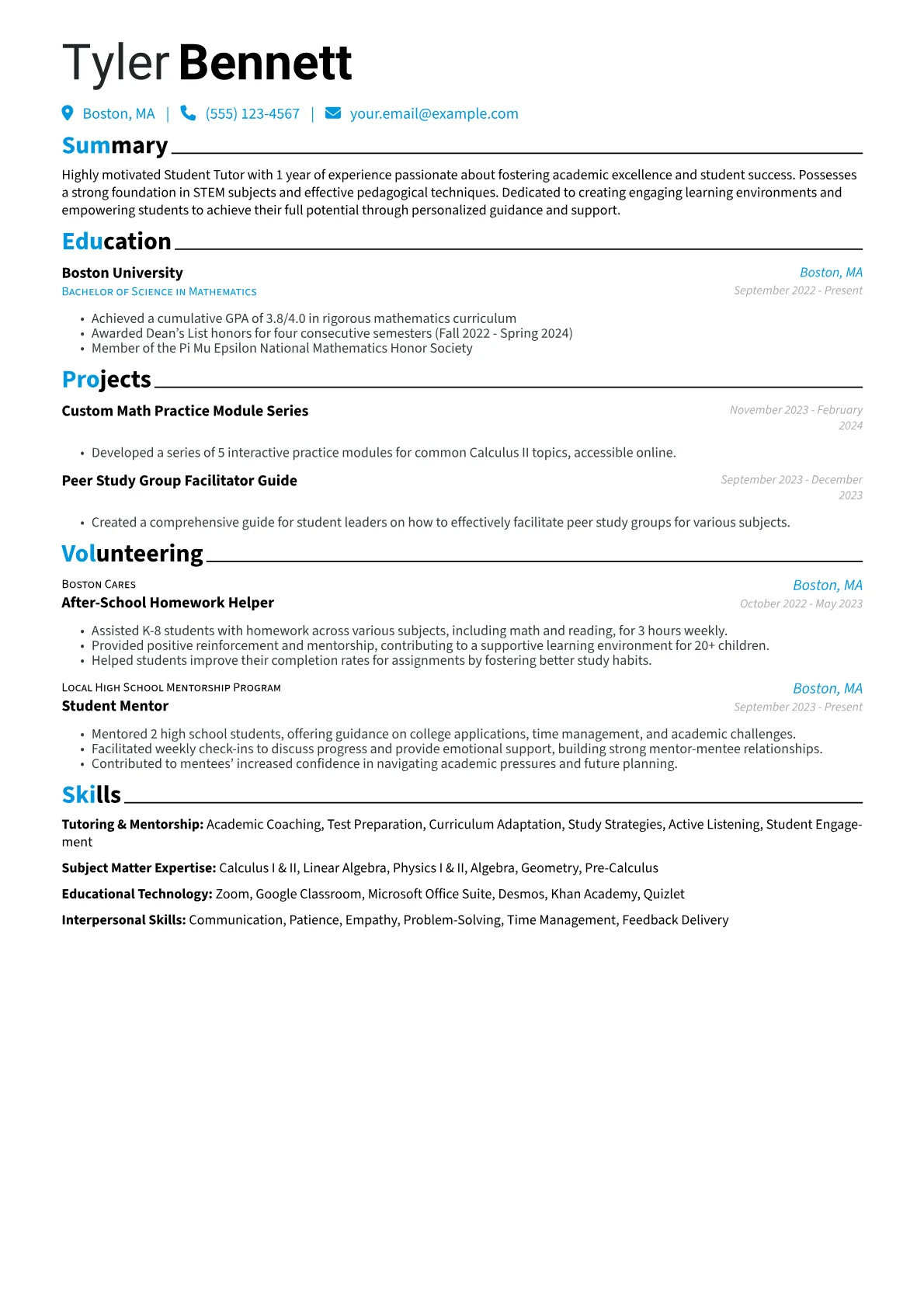 Student Tutor Resume Example CV template - Page 1