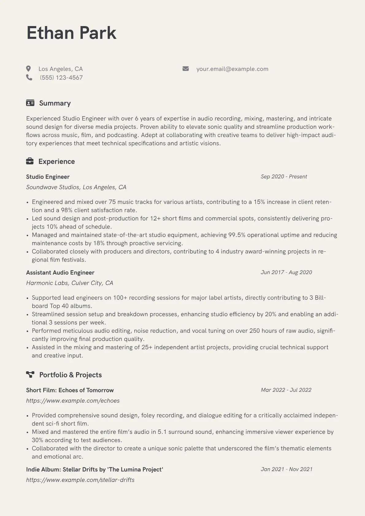 Studio Engineer Resume Example CV template - Page 1