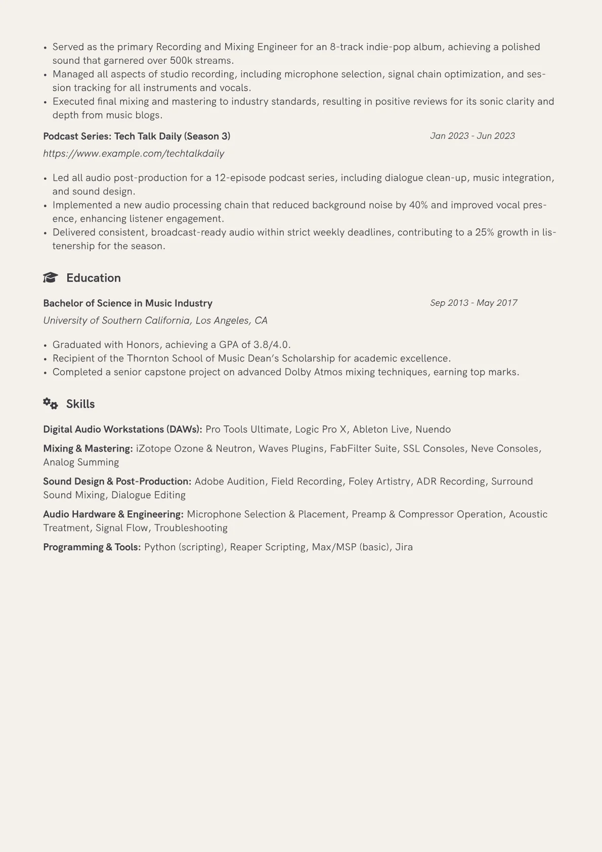 Studio Engineer Resume Example CV template - Page 2