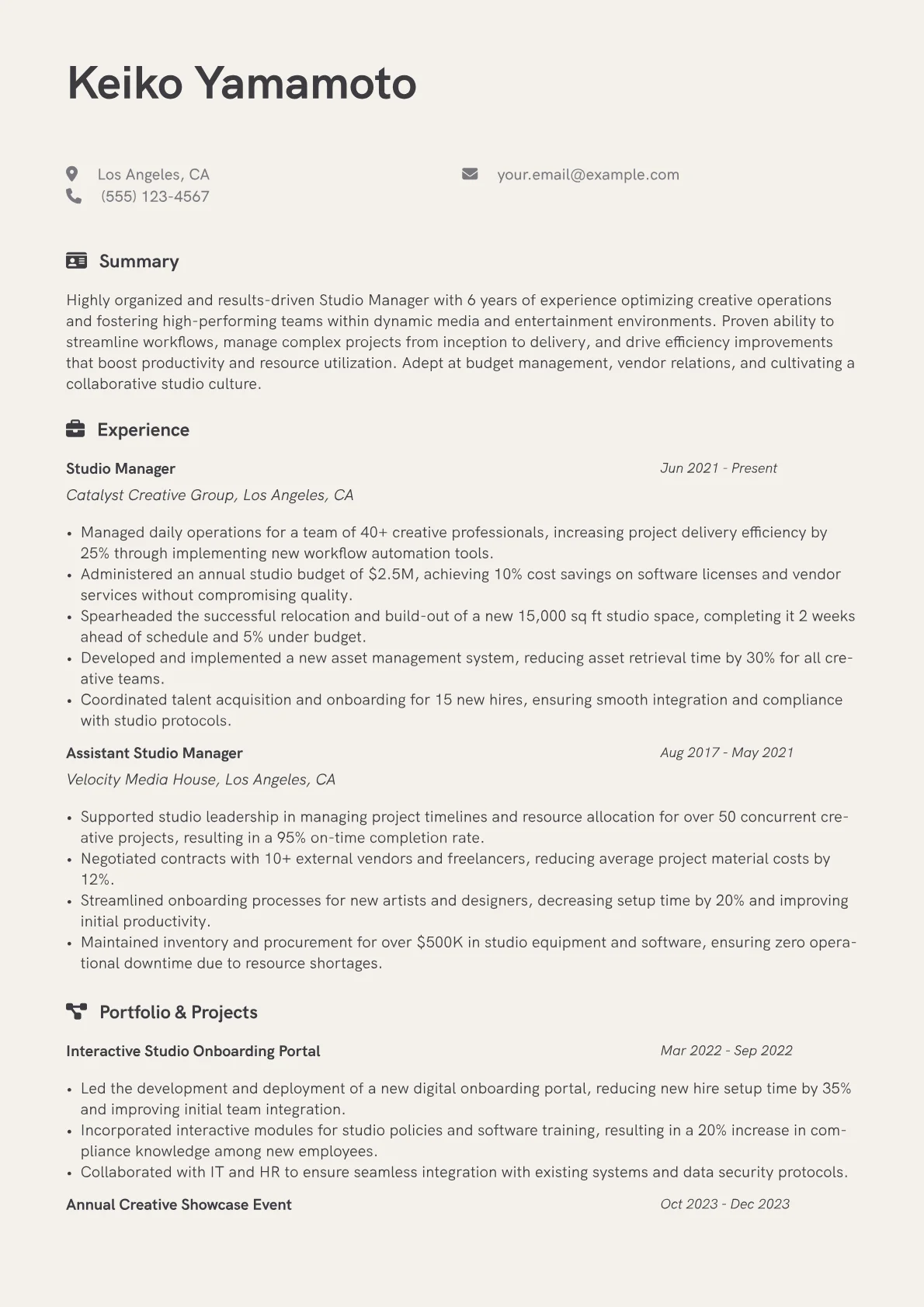 Studio Manager Resume Example CV template - Page 1