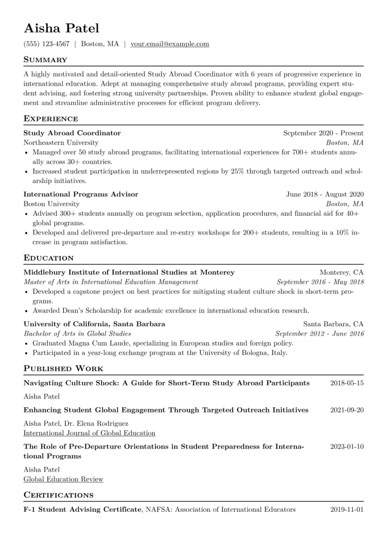 Study Abroad Coordinator Resume Example CV template preview