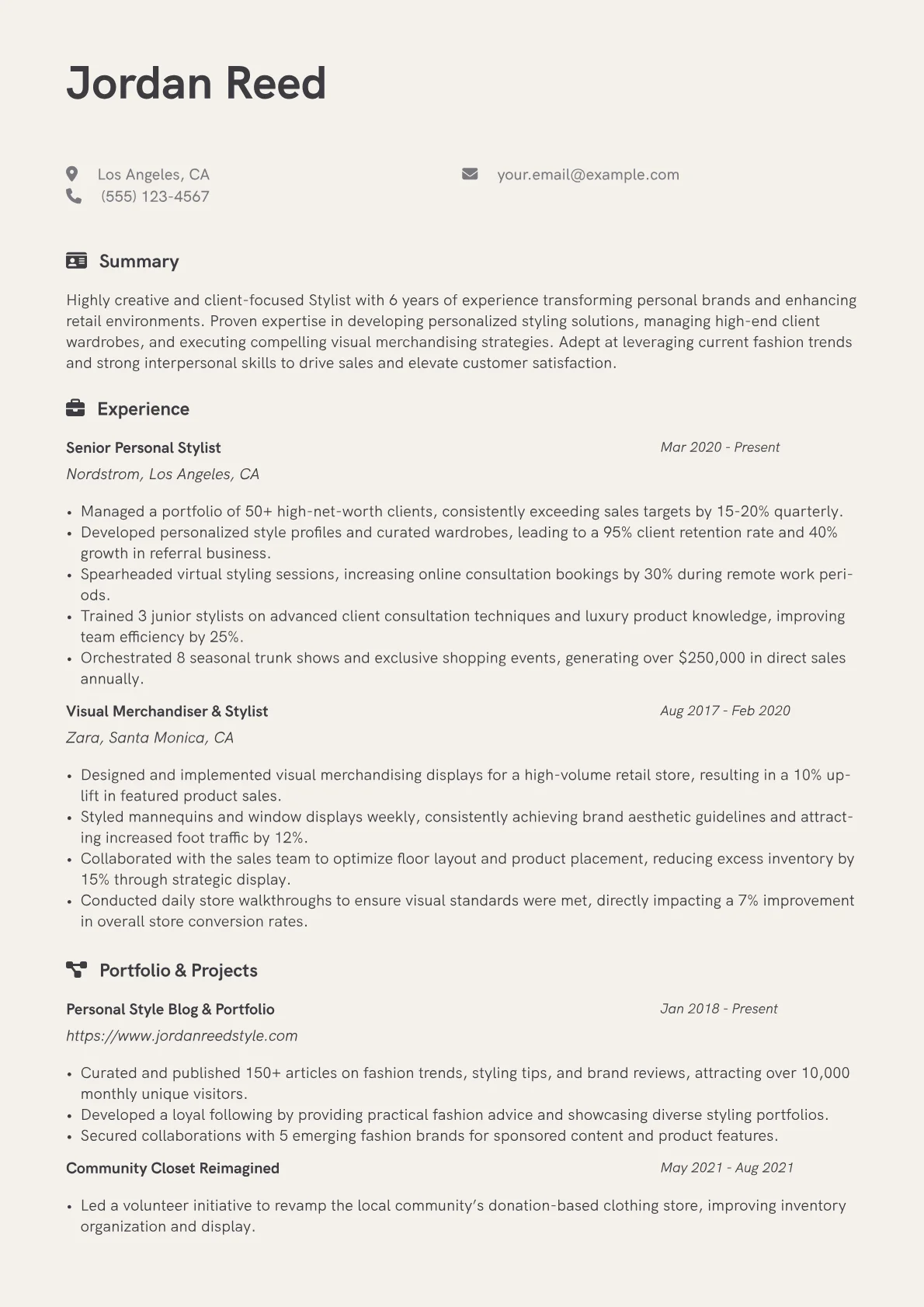 Stylist Resume Example CV template - Page 1