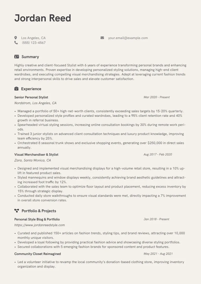 Stylist Resume Example CV template preview