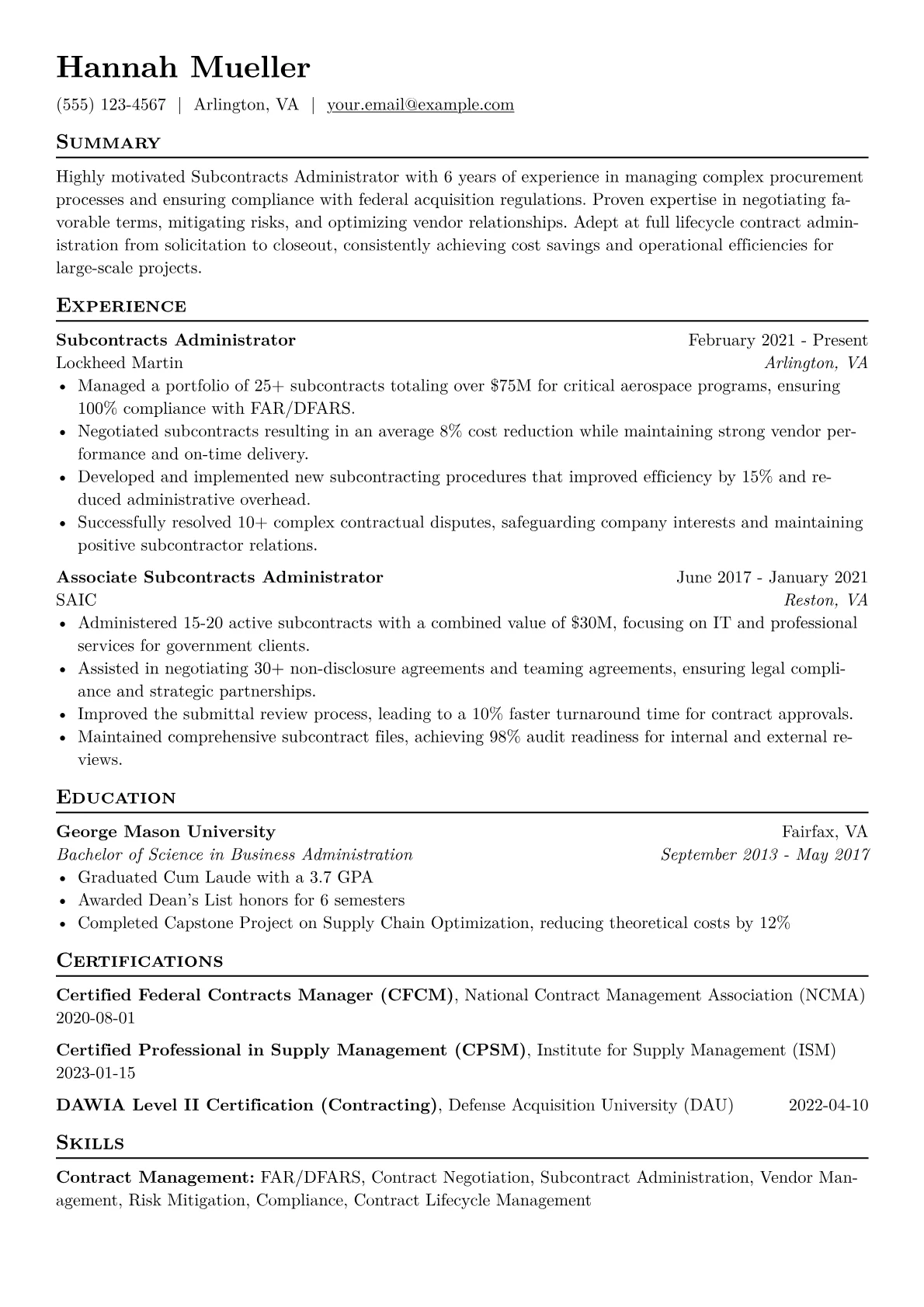 Subcontracts Administrator Resume Example CV template - Page 1