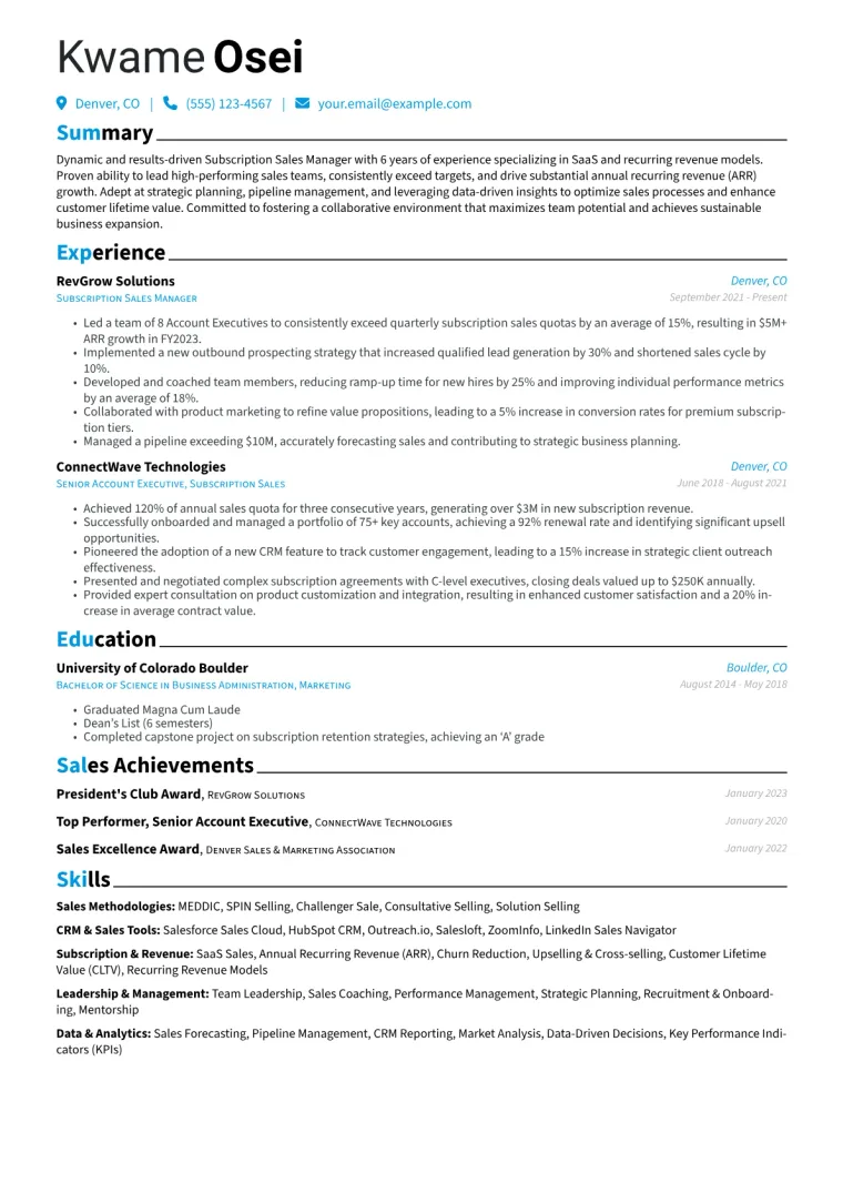 Subscription Sales Manager Resume Example CV template preview