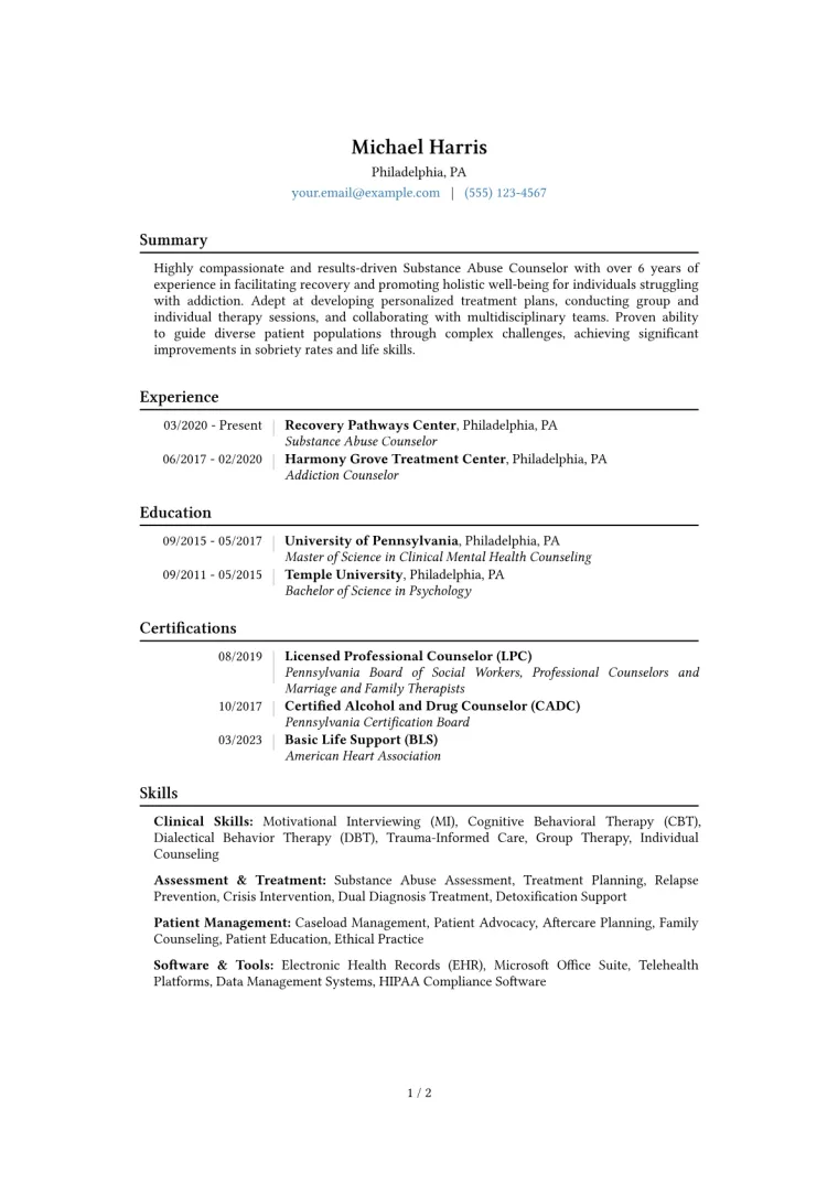 Substance Abuse Counselor Resume Example CV template preview