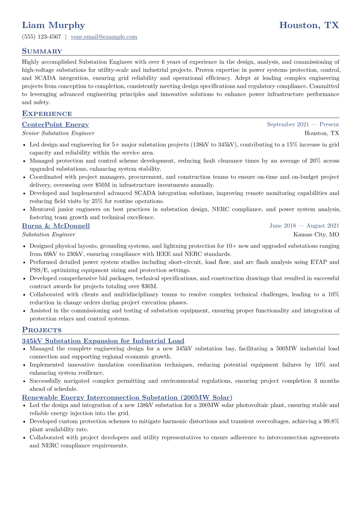 Substation Engineer Resume Example CV template - Page 1