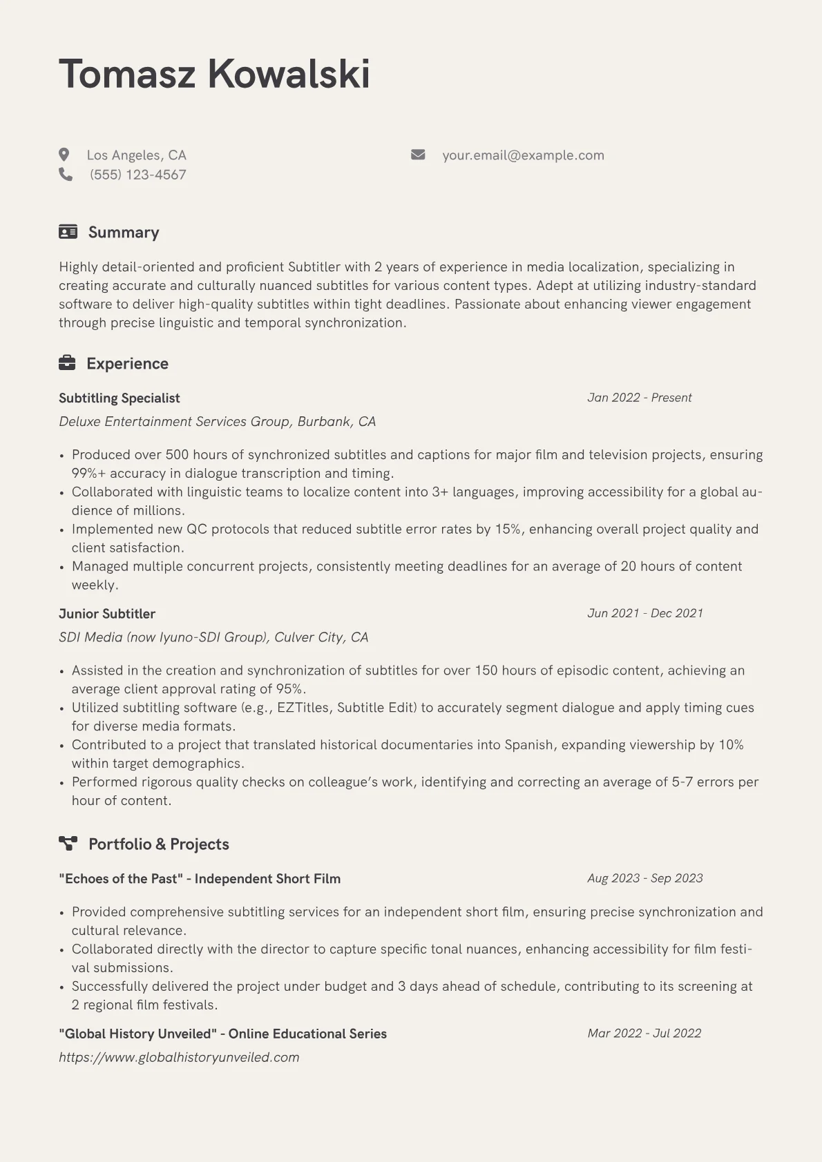 Subtitler Resume Example CV template - Page 1