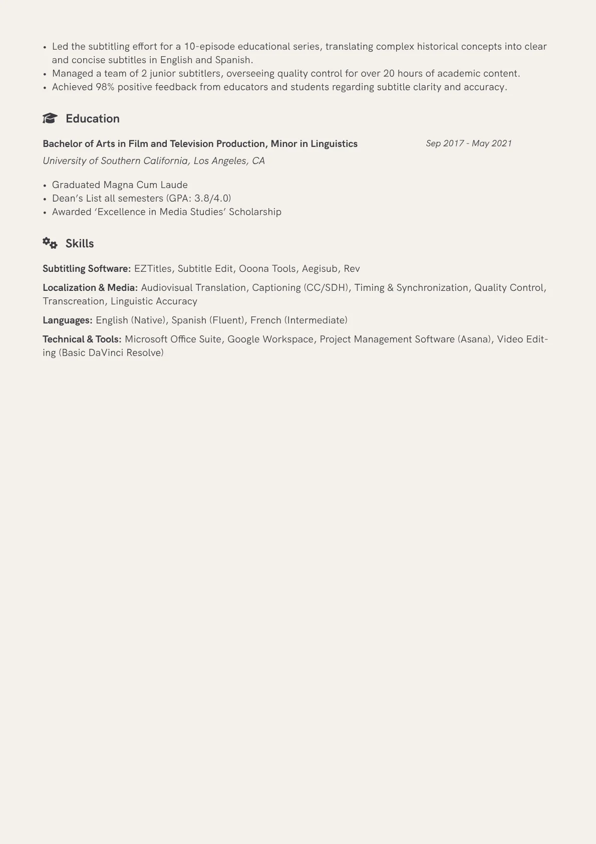 Subtitler Resume Example CV template - Page 2