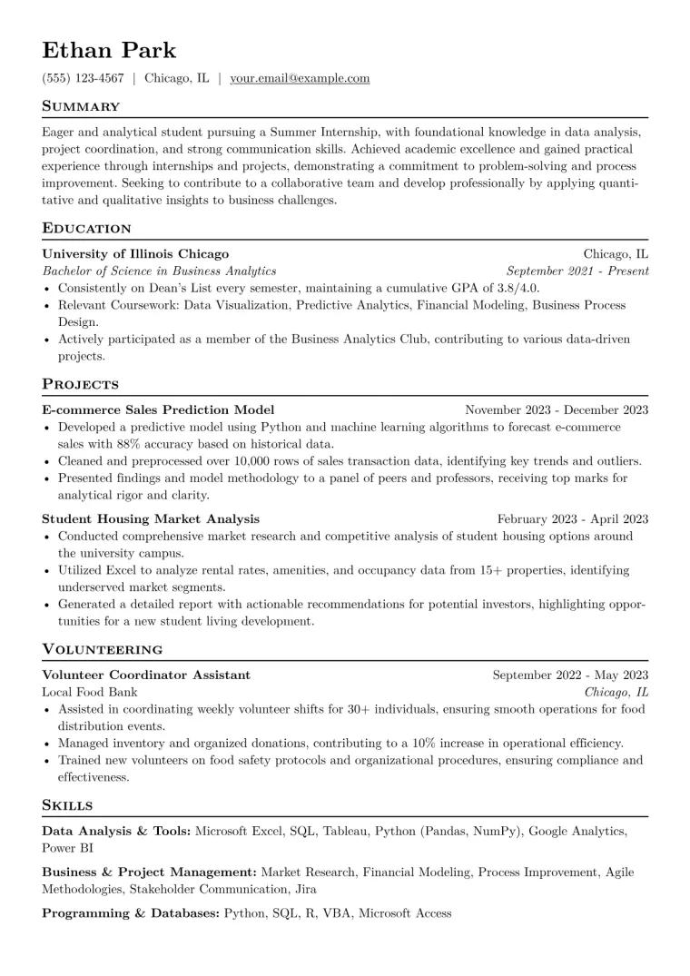 Summer Intern Resume Example