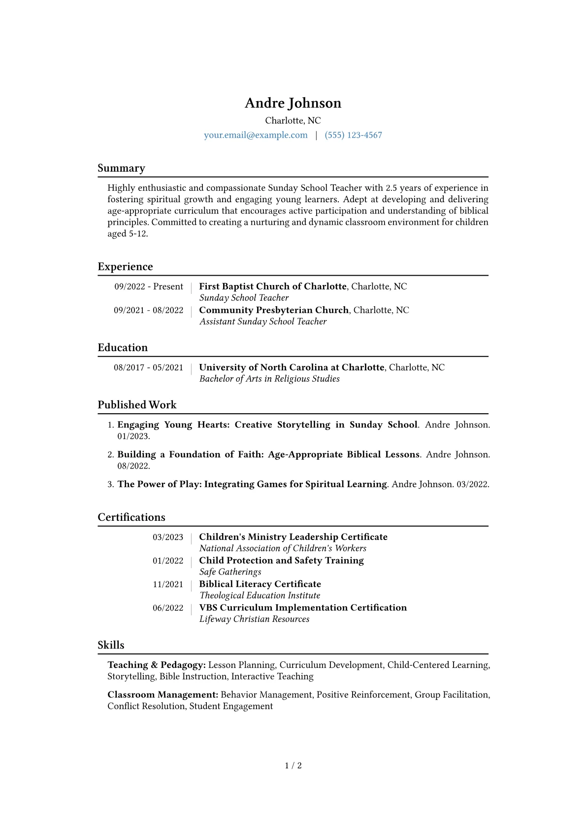 Sunday School Teacher Resume Example CV template - Page 1
