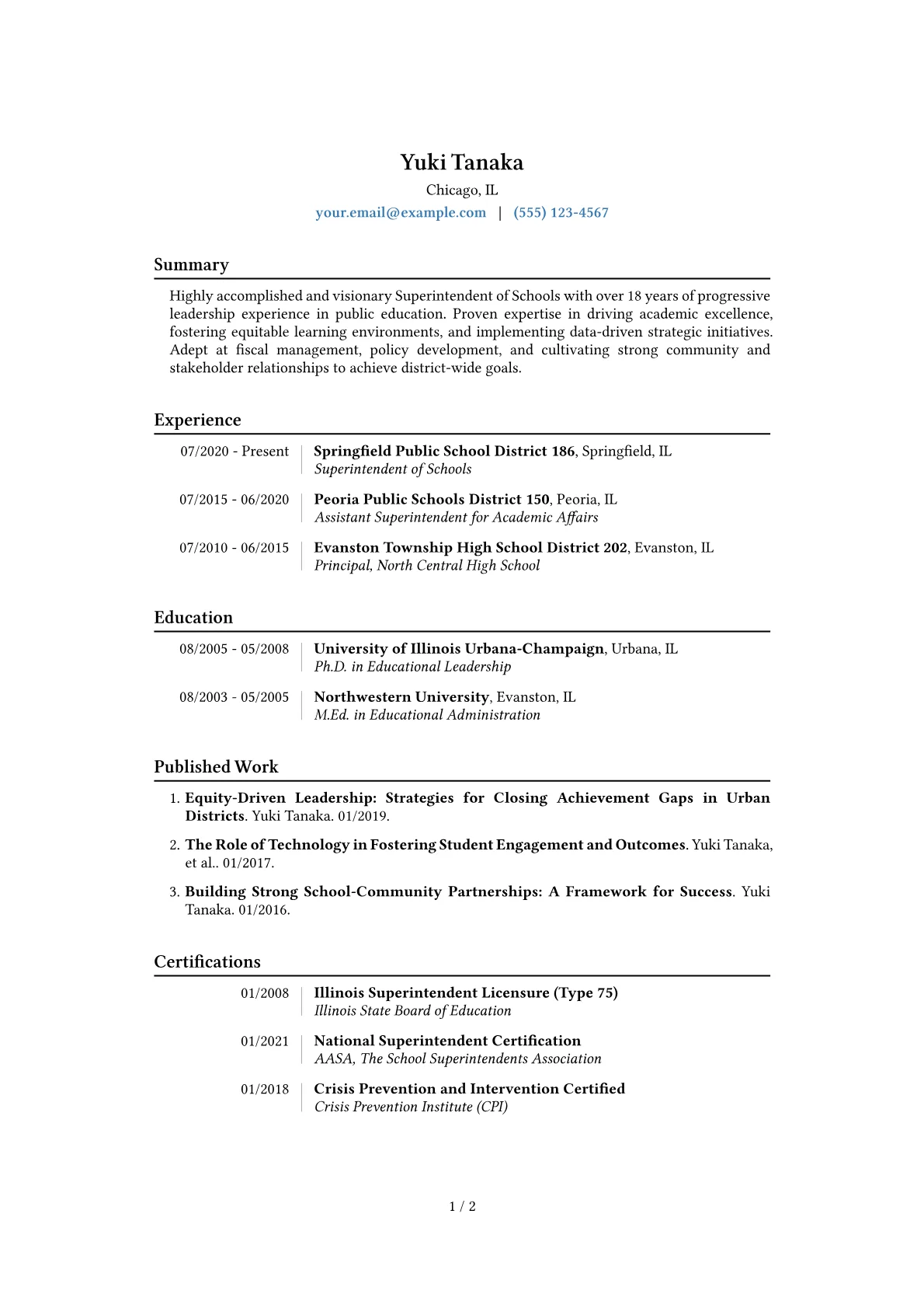 Superintendent of Schools Resume Example CV template - Page 1