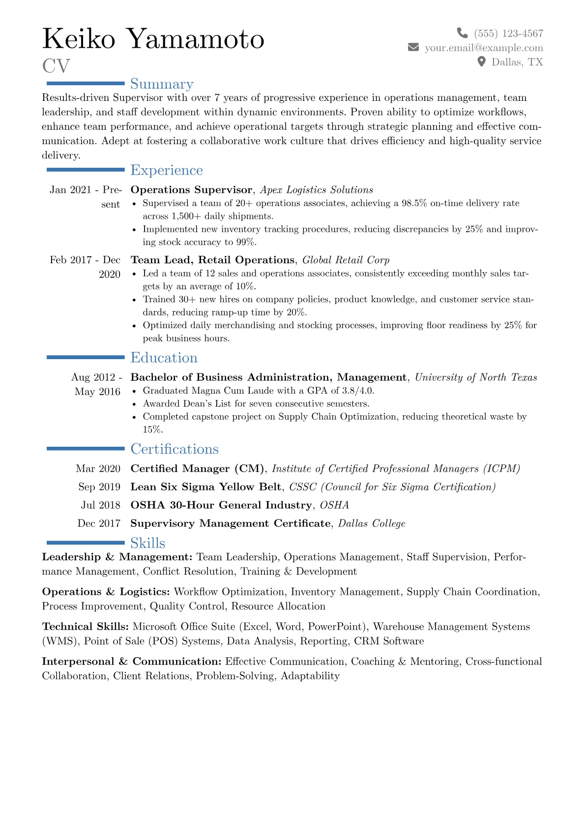 Supervisor Resume Example CV template - Page 1