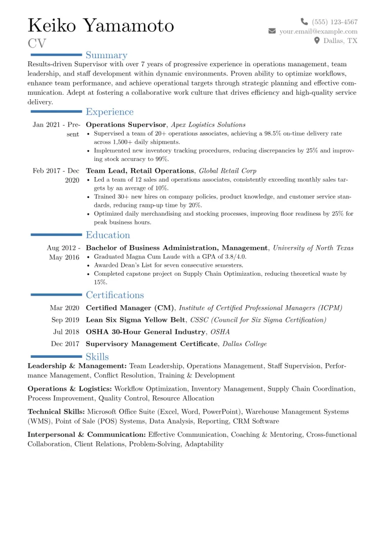 Supervisor Resume Example CV template preview