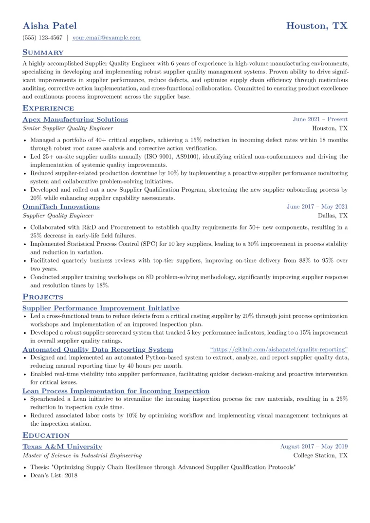 Supplier Quality Engineer Resume Example CV template preview