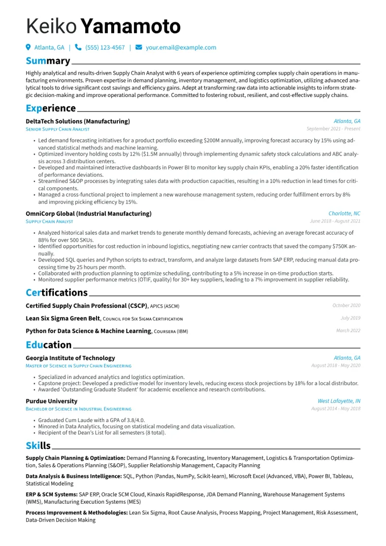 Supply Chain Analyst Resume Example CV template preview