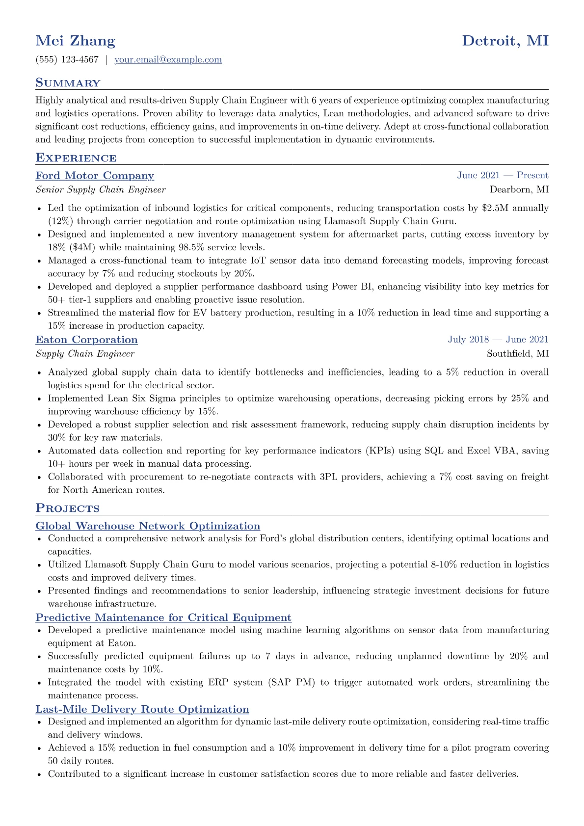 Supply Chain Engineer Resume Example CV template - Page 1