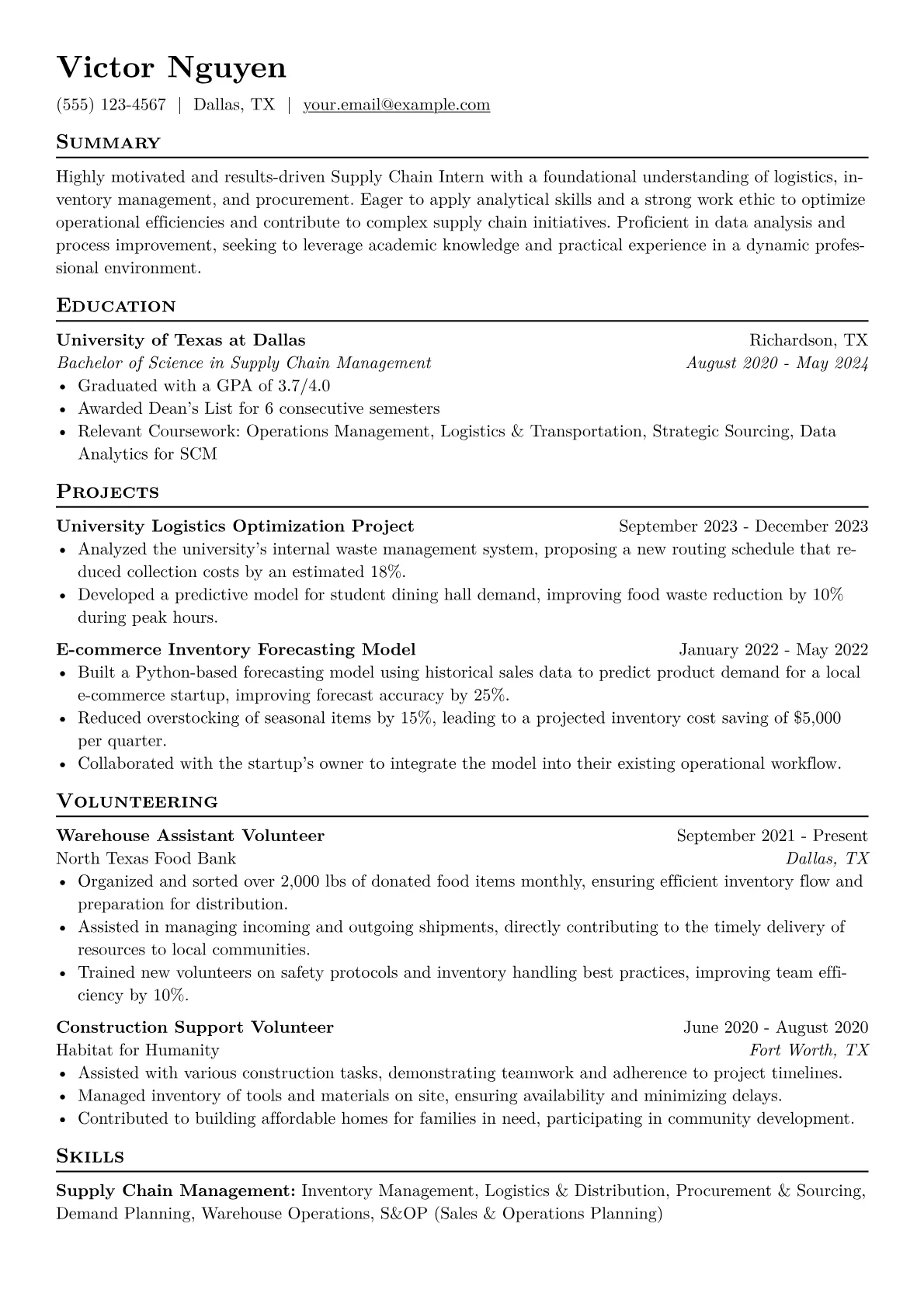 Supply Chain Intern Resume Example CV template - Page 1