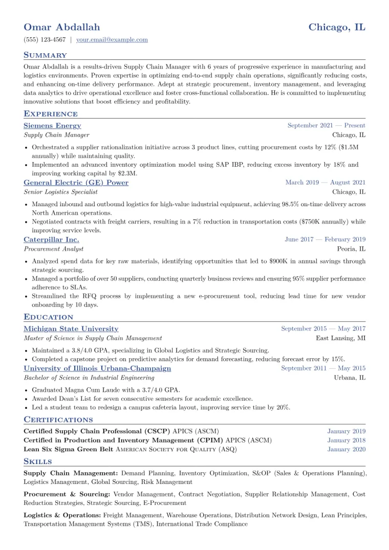 Supply Chain Manager Resume Example CV template preview