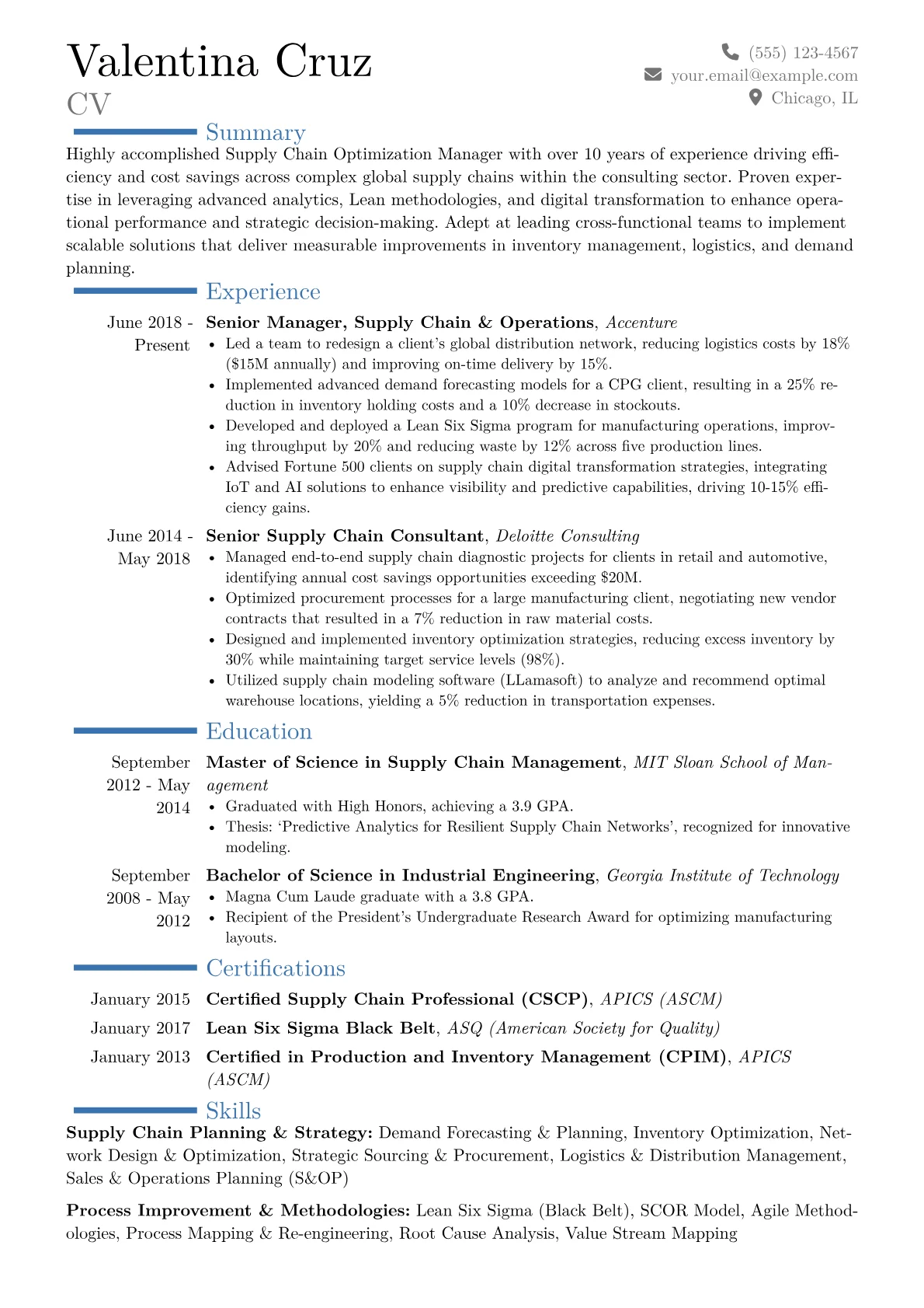 Supply Chain Optimization Manager Resume Example CV template - Page 1