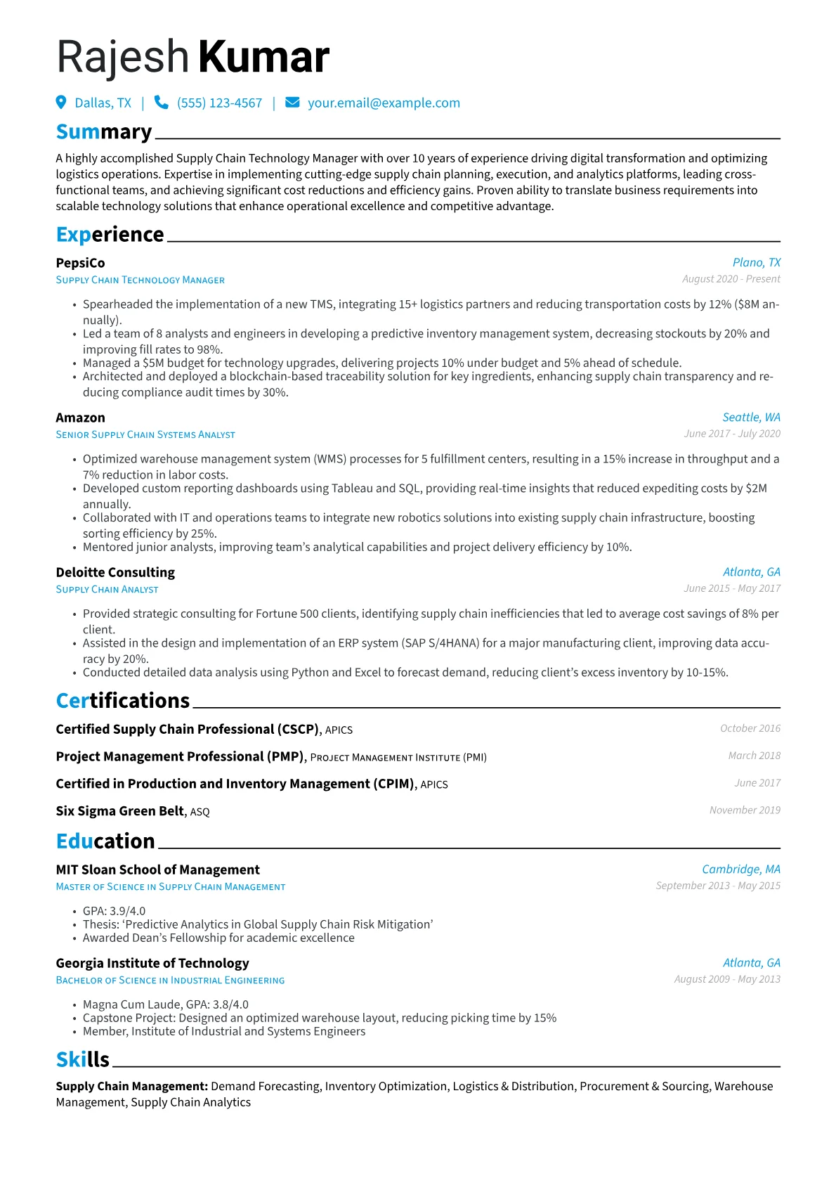 Supply Chain Technology Manager Resume Example CV template - Page 1