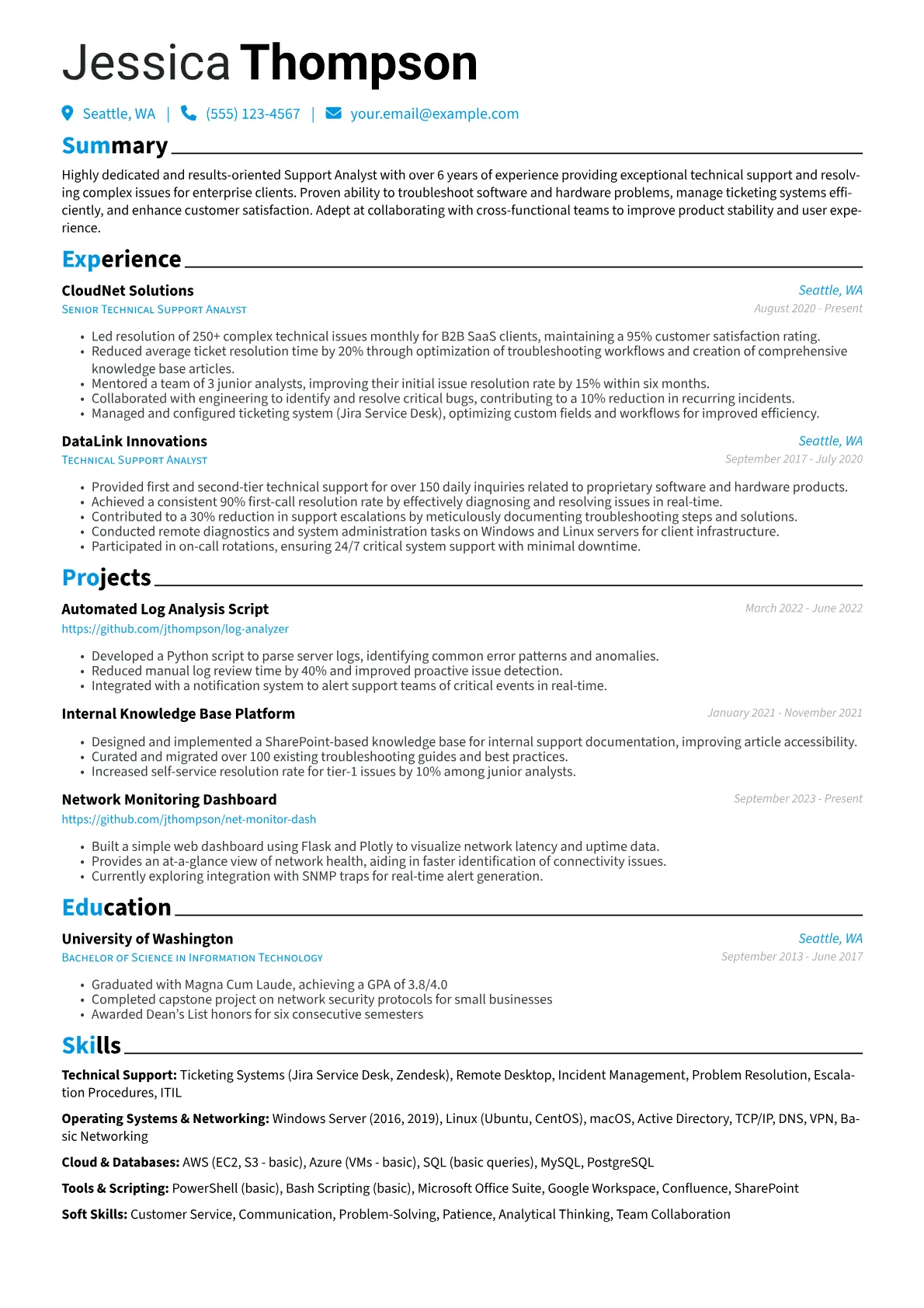 Support Analyst Resume Example CV template - Page 1