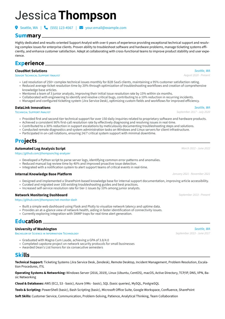 Support Analyst Resume Example CV template preview