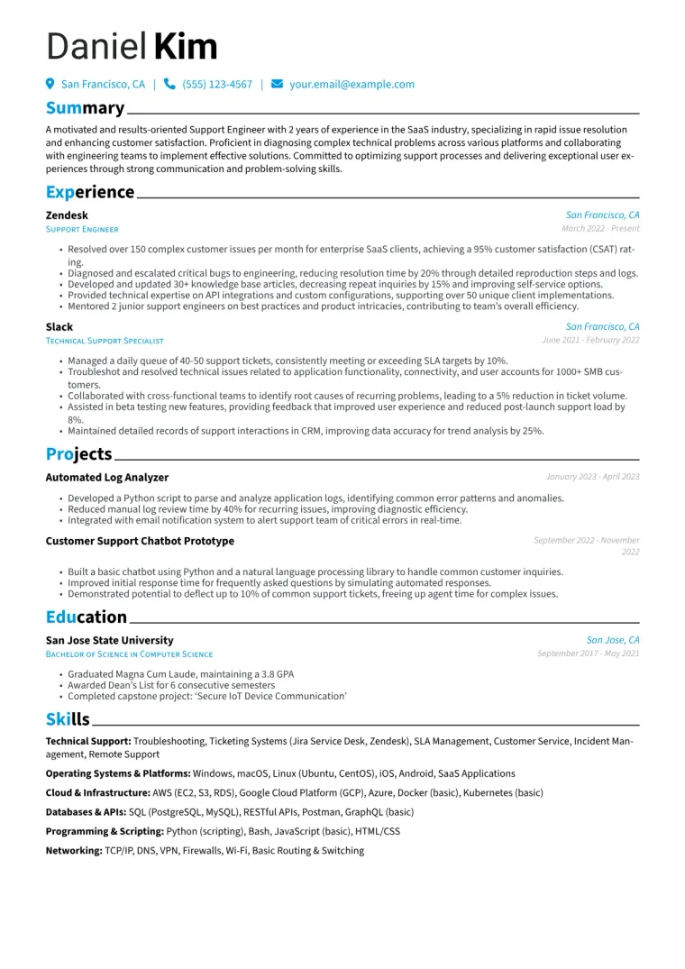 Support Engineer Resume Example