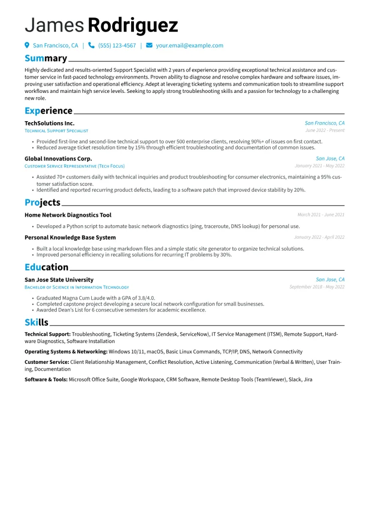 Support Specialist Resume Example CV template preview