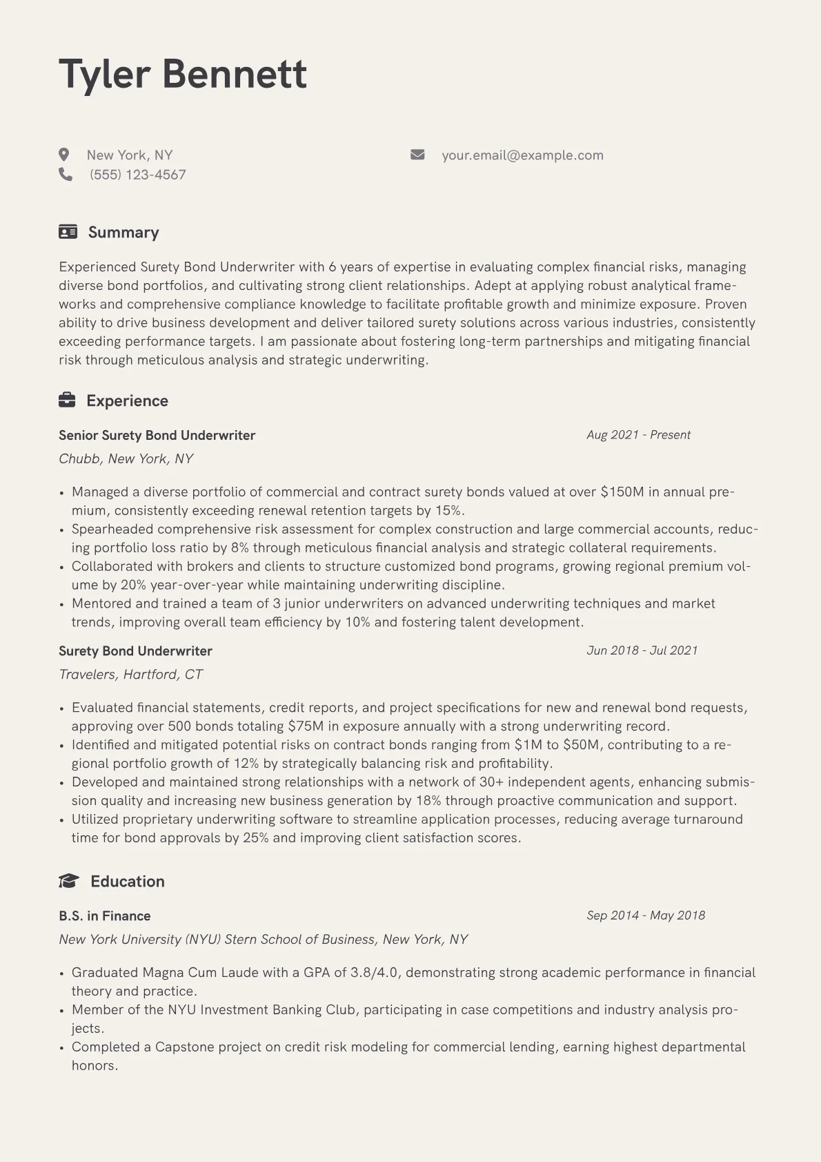 Surety Bond Underwriter Resume Example CV template - Page 1