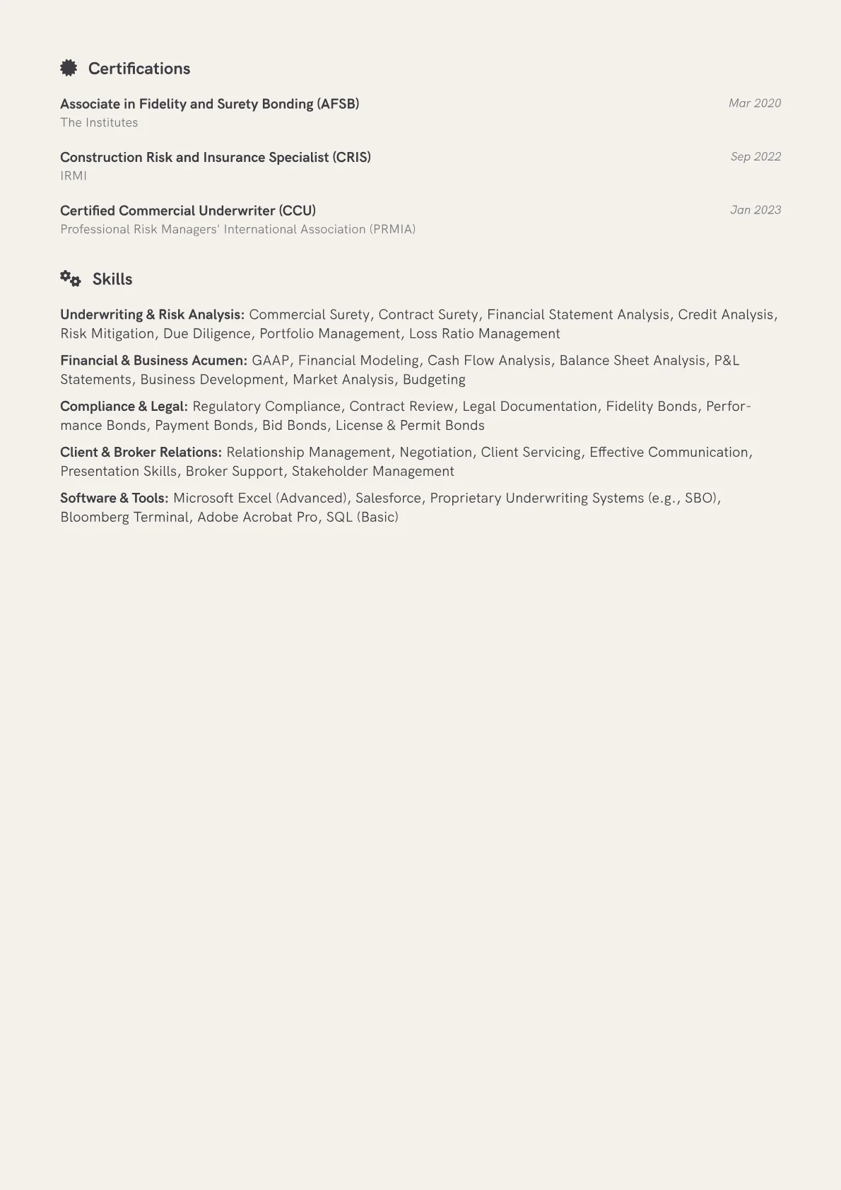Surety Bond Underwriter Resume Example CV template - Page 2