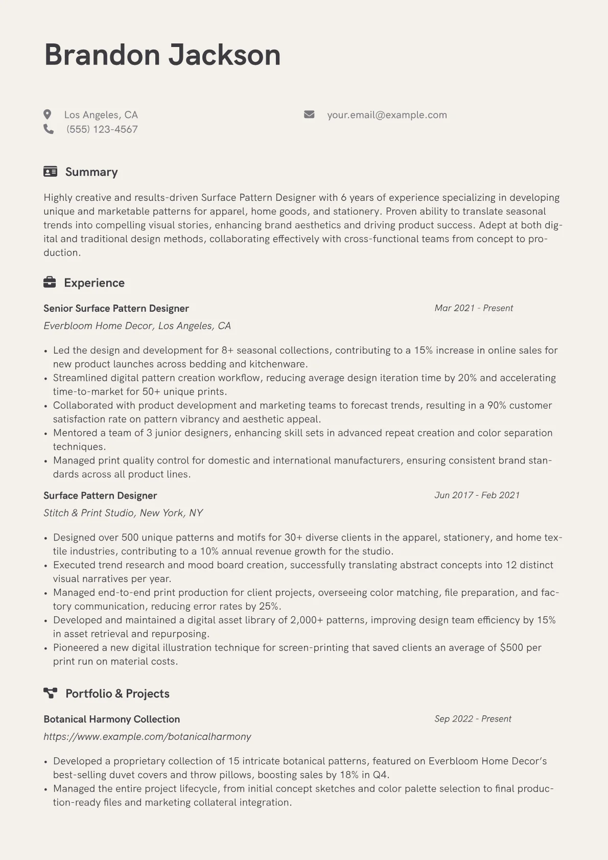 Surface Pattern Designer Resume Example CV template - Page 1