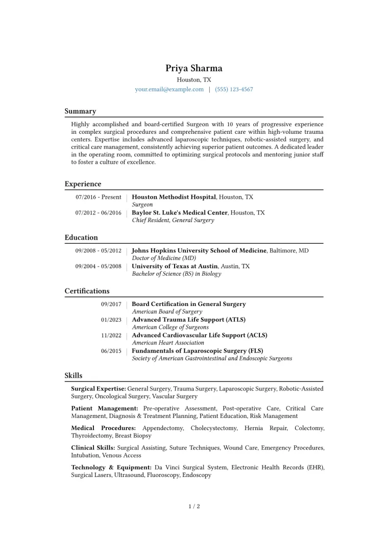 Surgeon Resume Example CV template preview