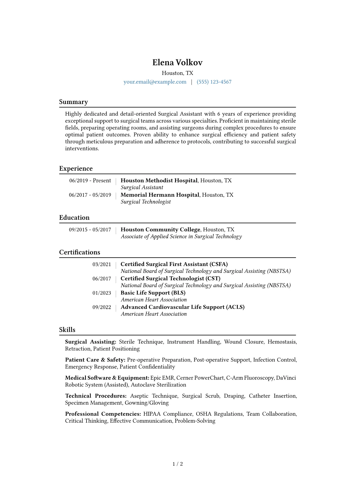 Surgical Assistant Resume Example CV template - Page 1