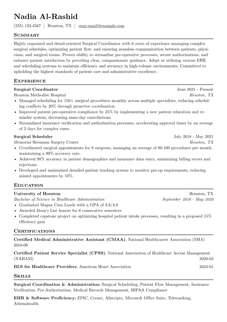 Surgical Coordinator Resume Example CV template preview
