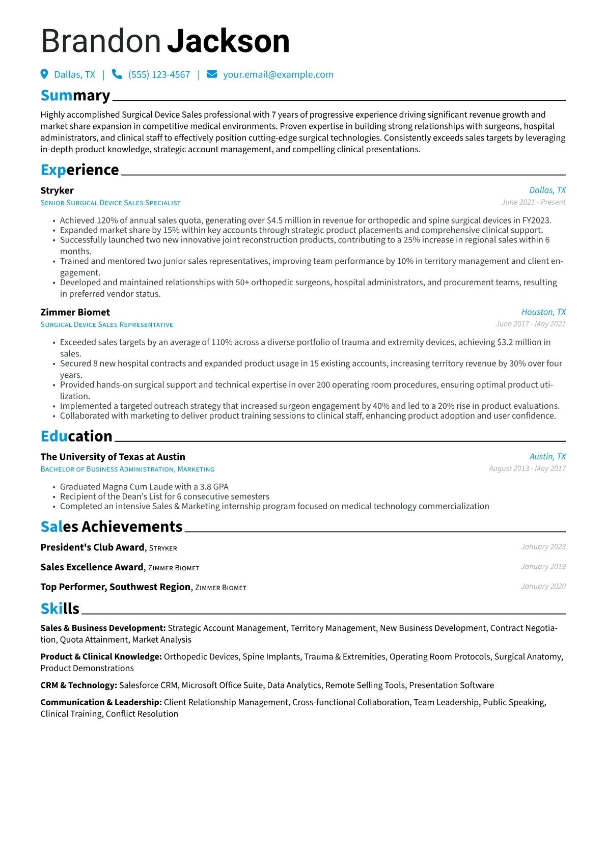 Surgical Device Sales Resume Example CV template - Page 1