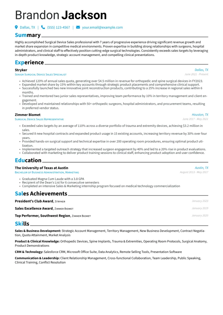 Surgical Device Sales Resume Example CV template preview